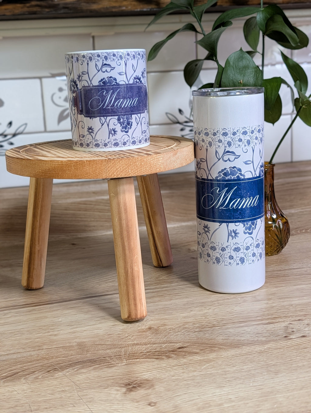 Personalized Blue Toile Tumbler and Mug set