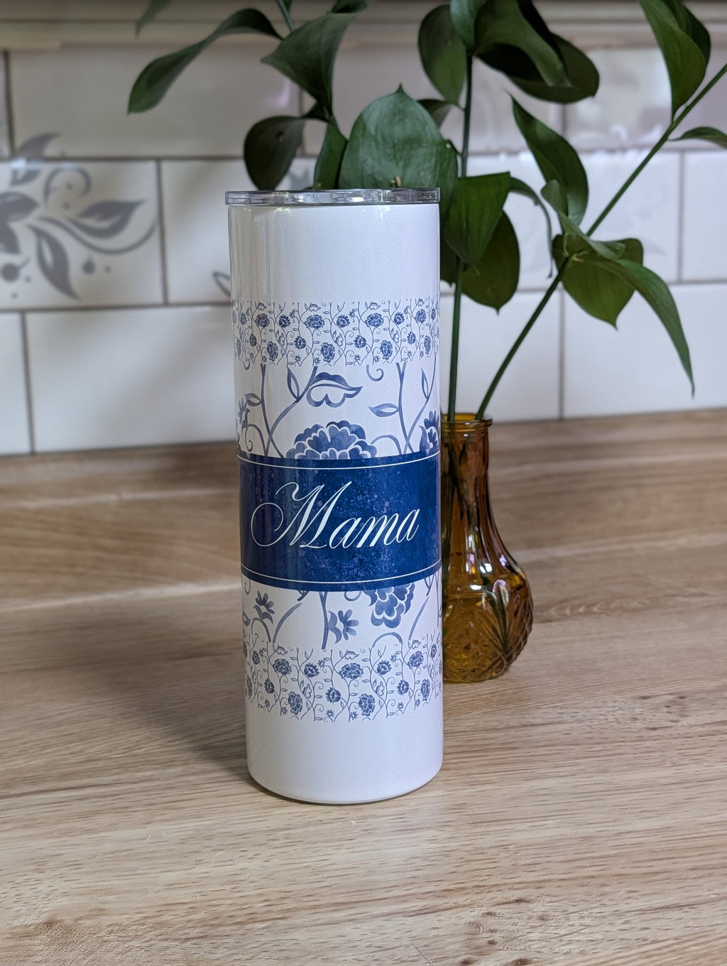 Personalized Blue Toile Tumbler side view