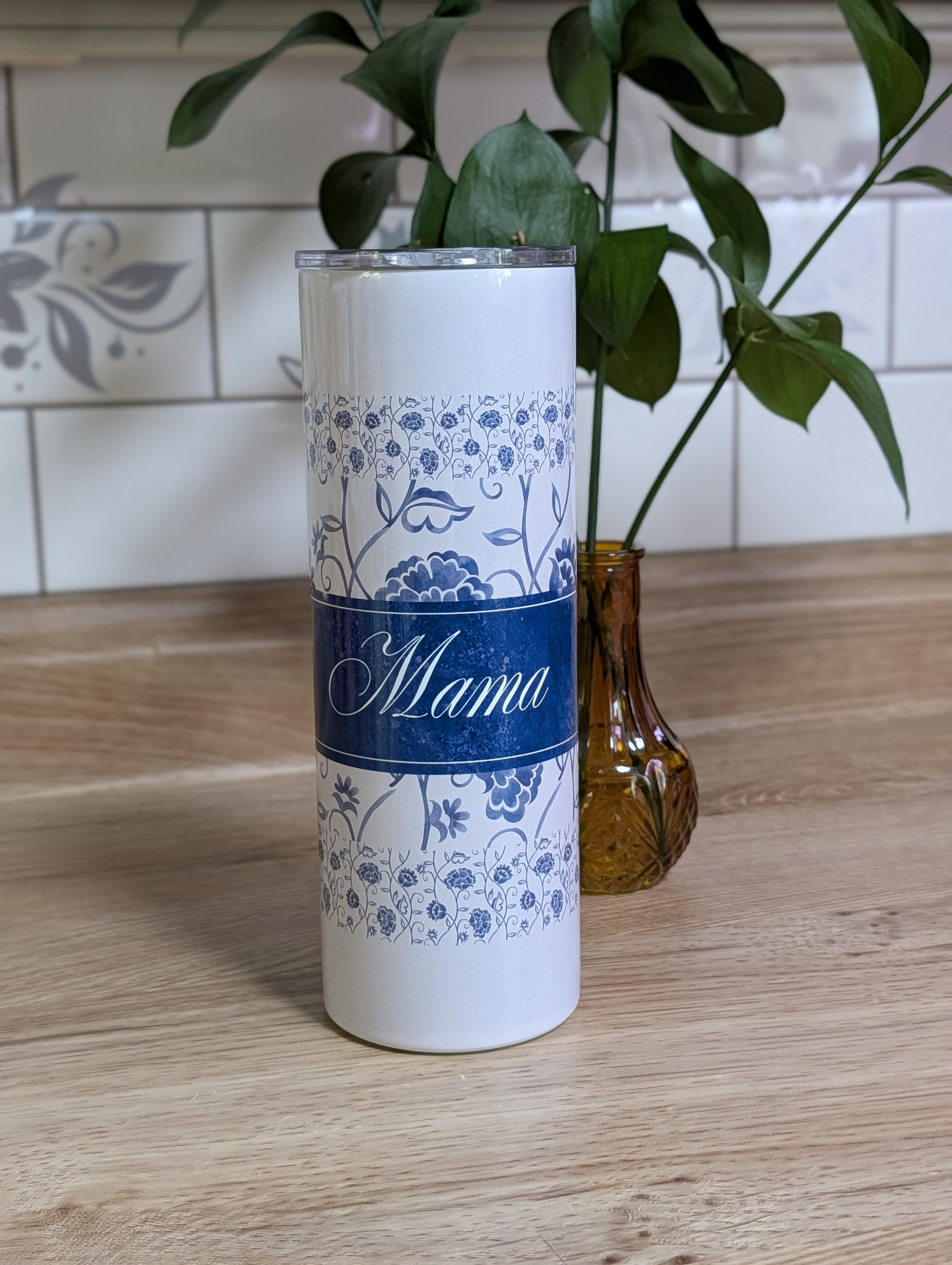 Personalized Blue Toile Tumbler side view