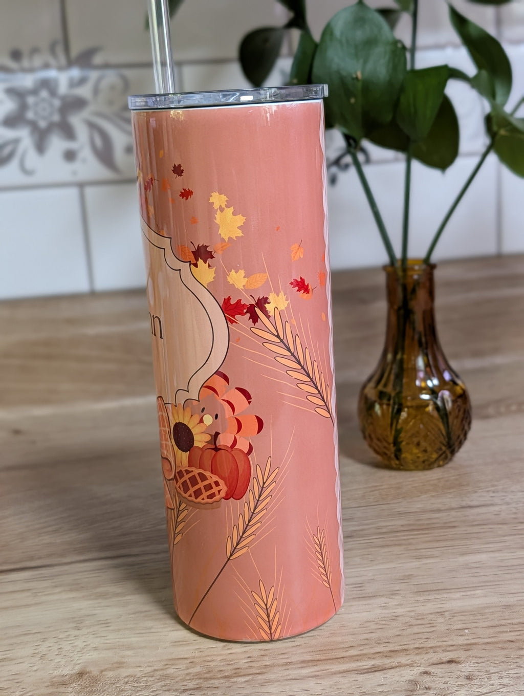 Personalized Fall Harvest Tumbler side view