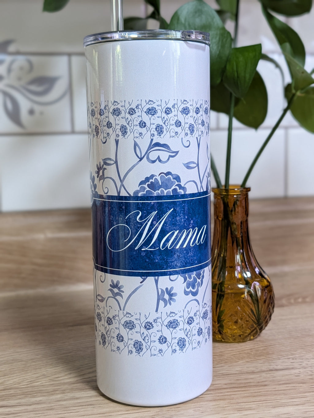 Personalized Blue Toile Tumbler front view