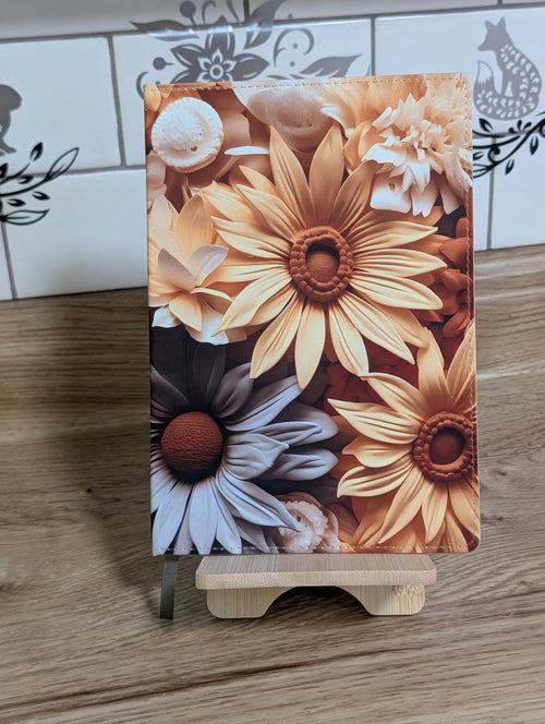 3D floral daisy notebook front cover with golden sunflowers and white daisies