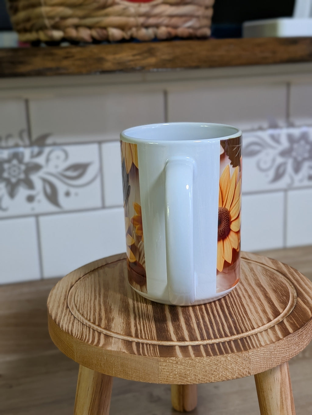3D sunflower and daisy ceramic mug top down view showing handle and full wrap sunflower design