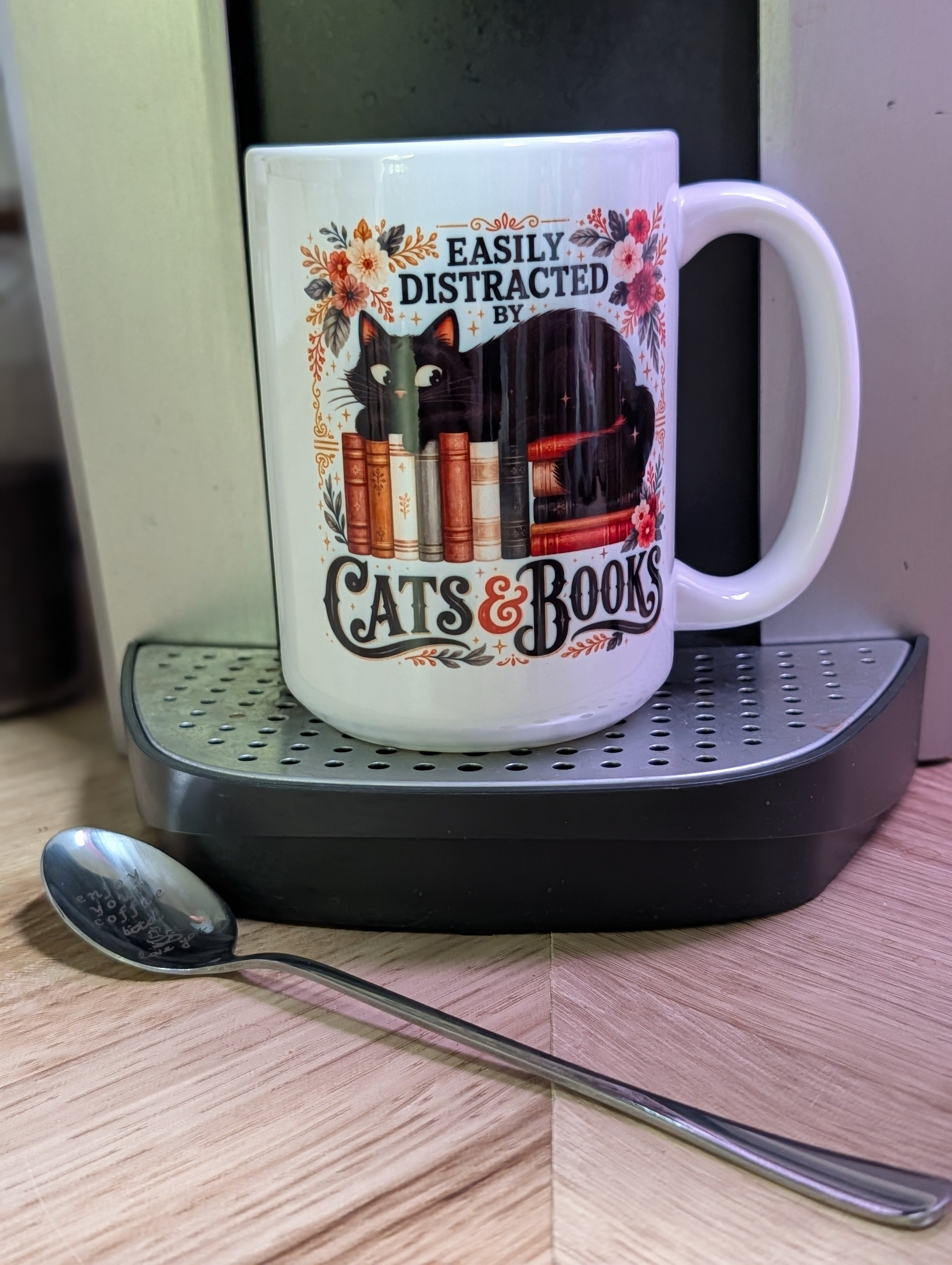 Autumn witch ceramic mug showing boho witch in blush gown with owl and fall botanicals design
