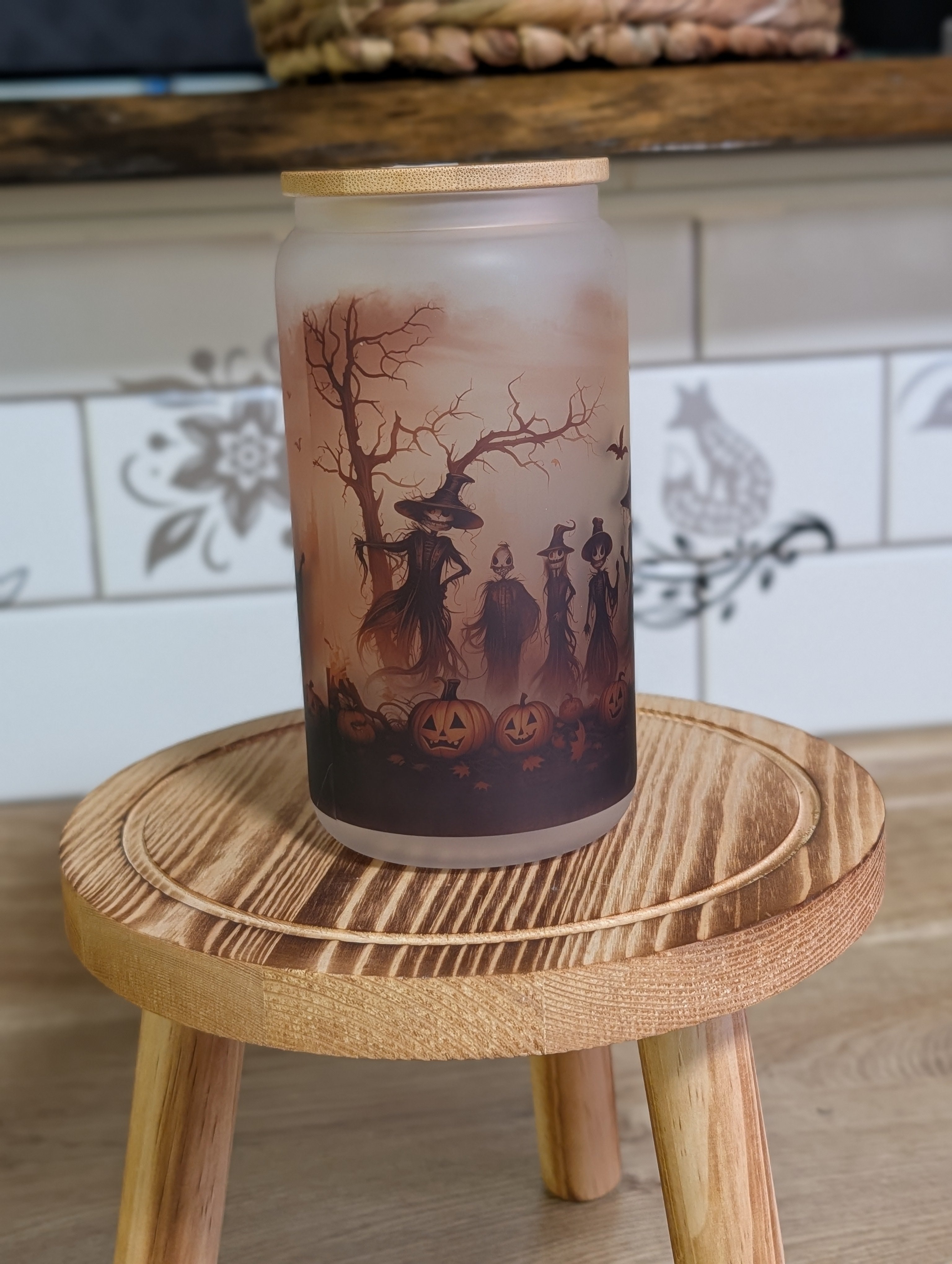 Halloween scarecrow witches frosted glass can reverse side showing full wrap Halloween scene