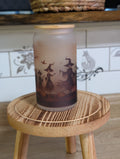 Halloween scarecrow witches frosted glass can side view showing full wrap scene with dead tree and bats