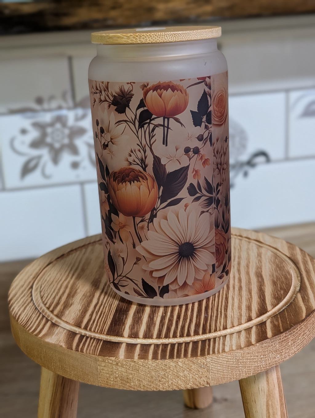 Vintage Botanical Floral 16oz Frosted Glass Can