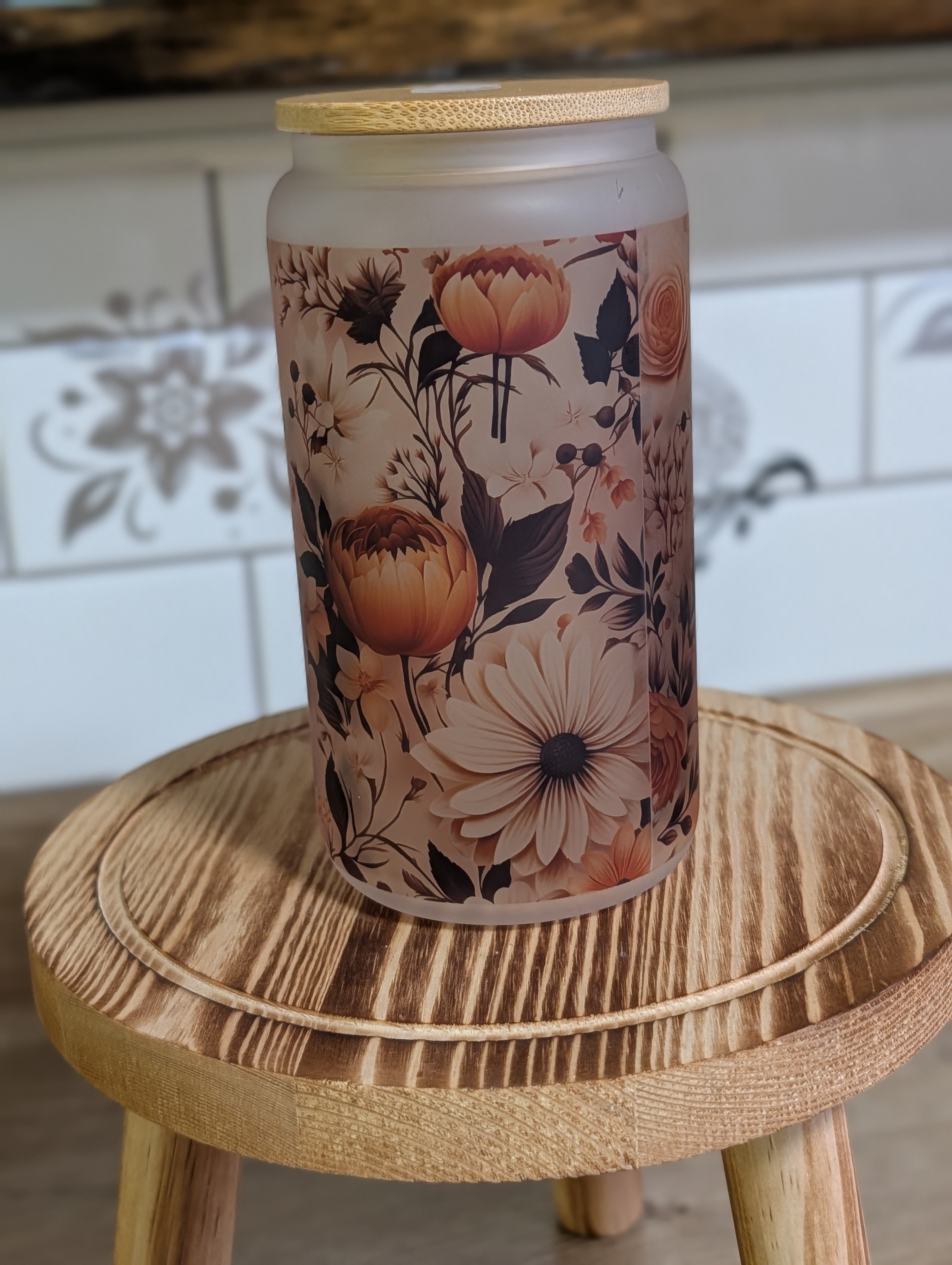 Vintage Botanical Floral 16oz Frosted Glass Can