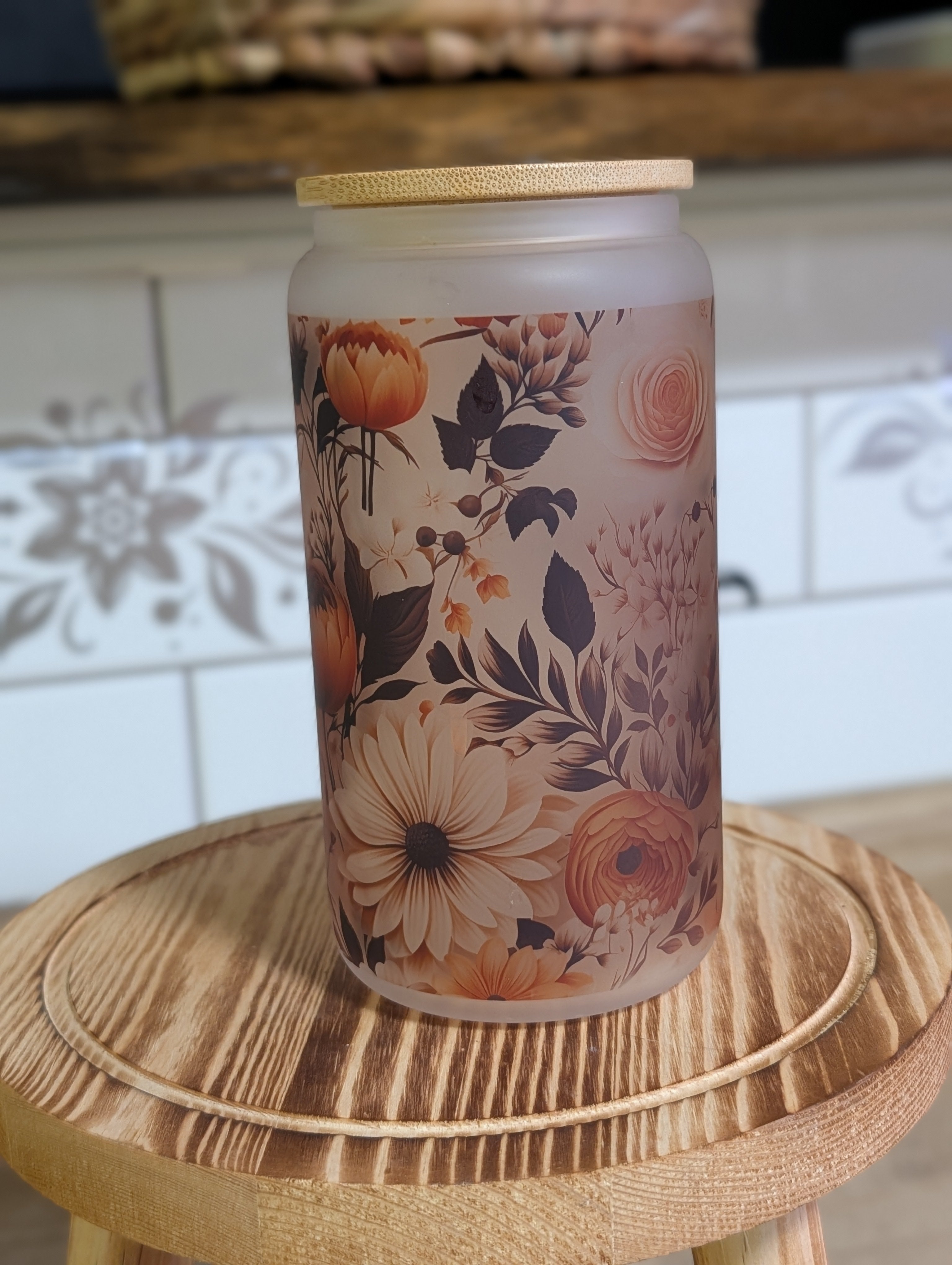 Vintage Botanical Floral 16oz Frosted Glass Can