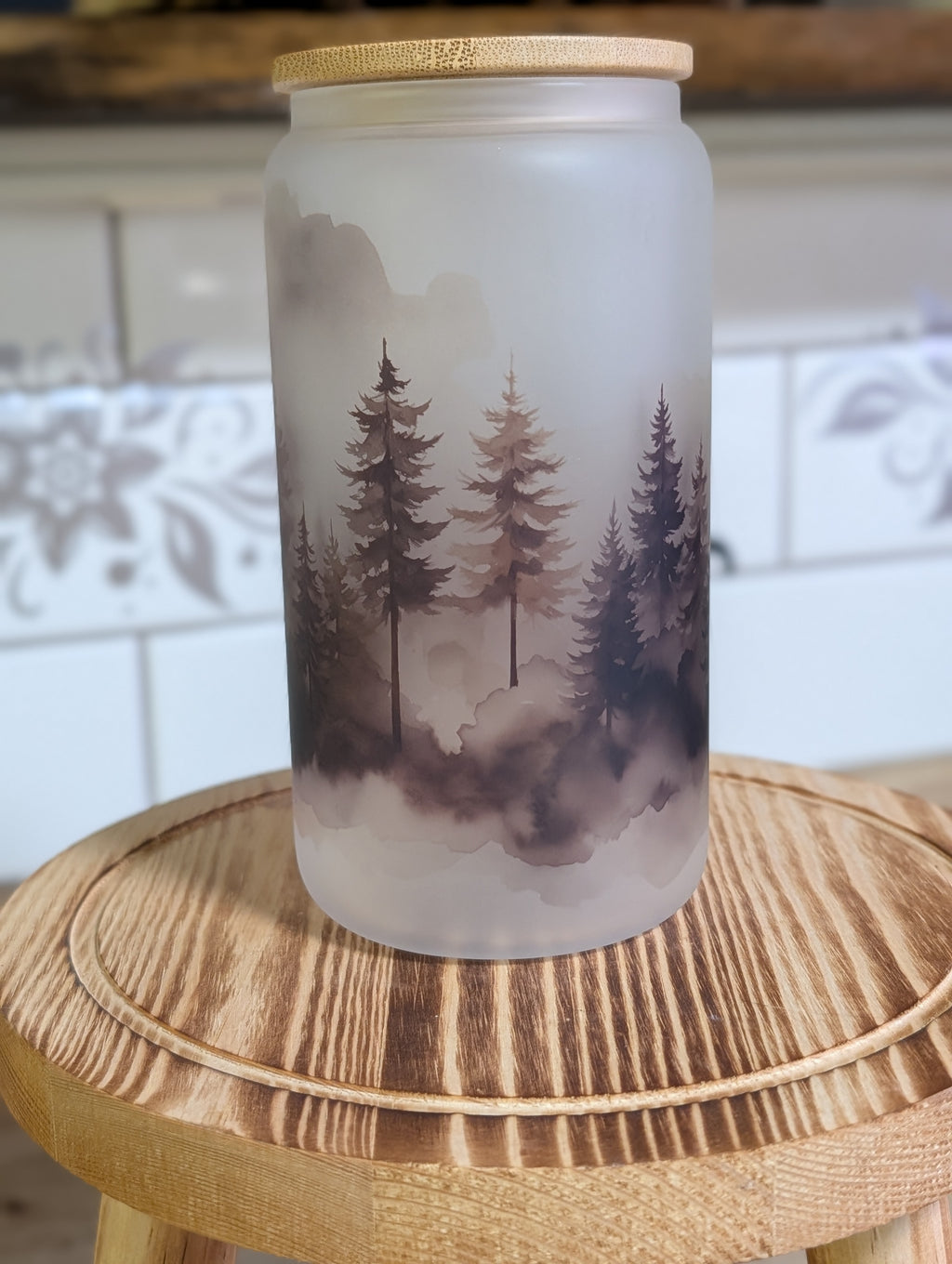 Misty Pine Forest 16oz Frosted Glass Can