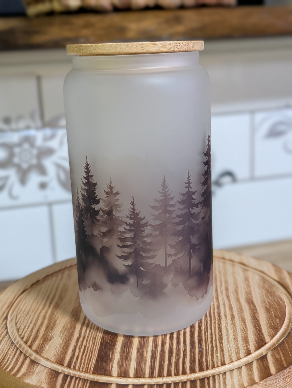Misty Pine Forest 16oz Frosted Glass Can
