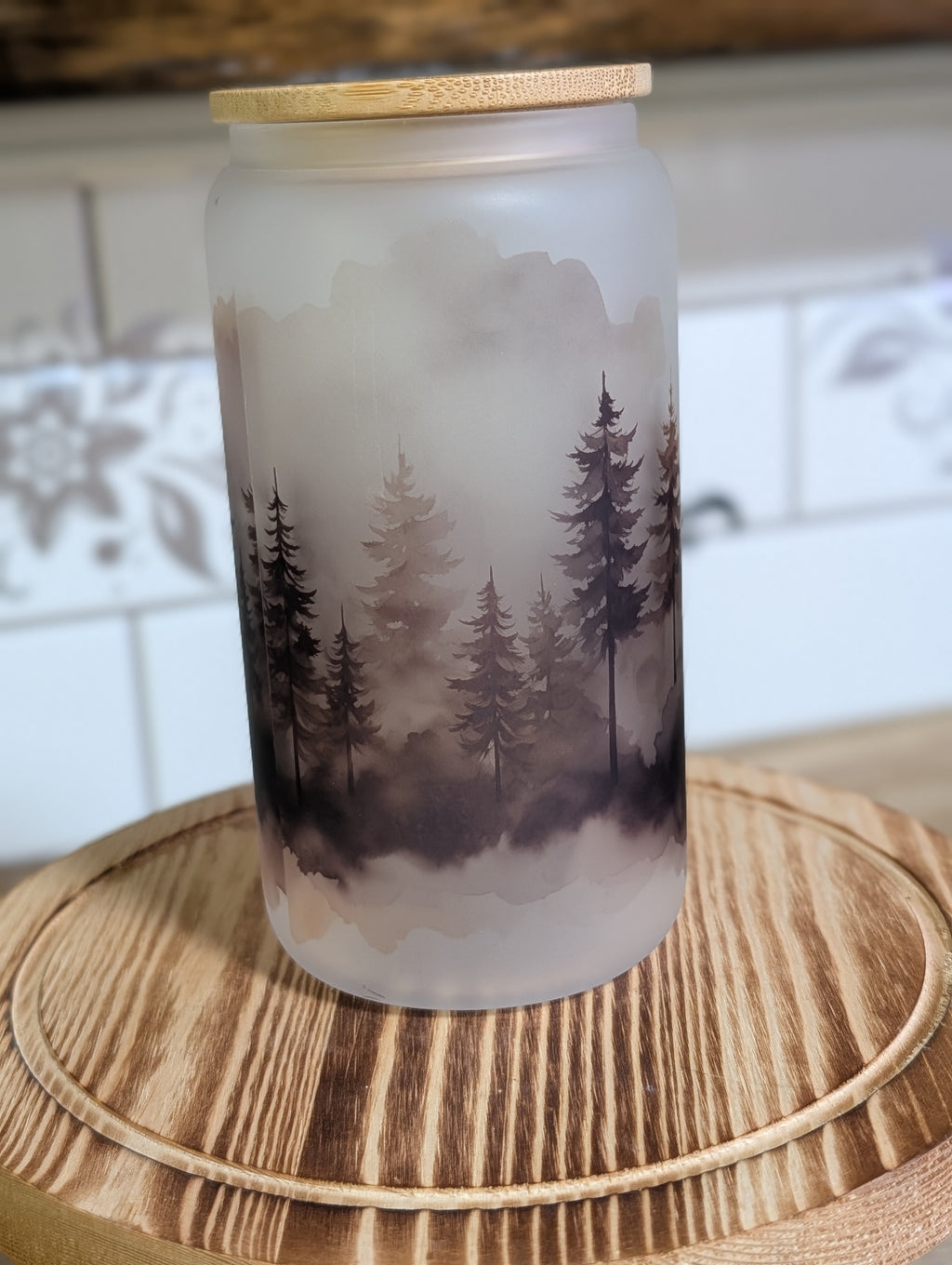 Misty Pine Forest 16oz Frosted Glass Can