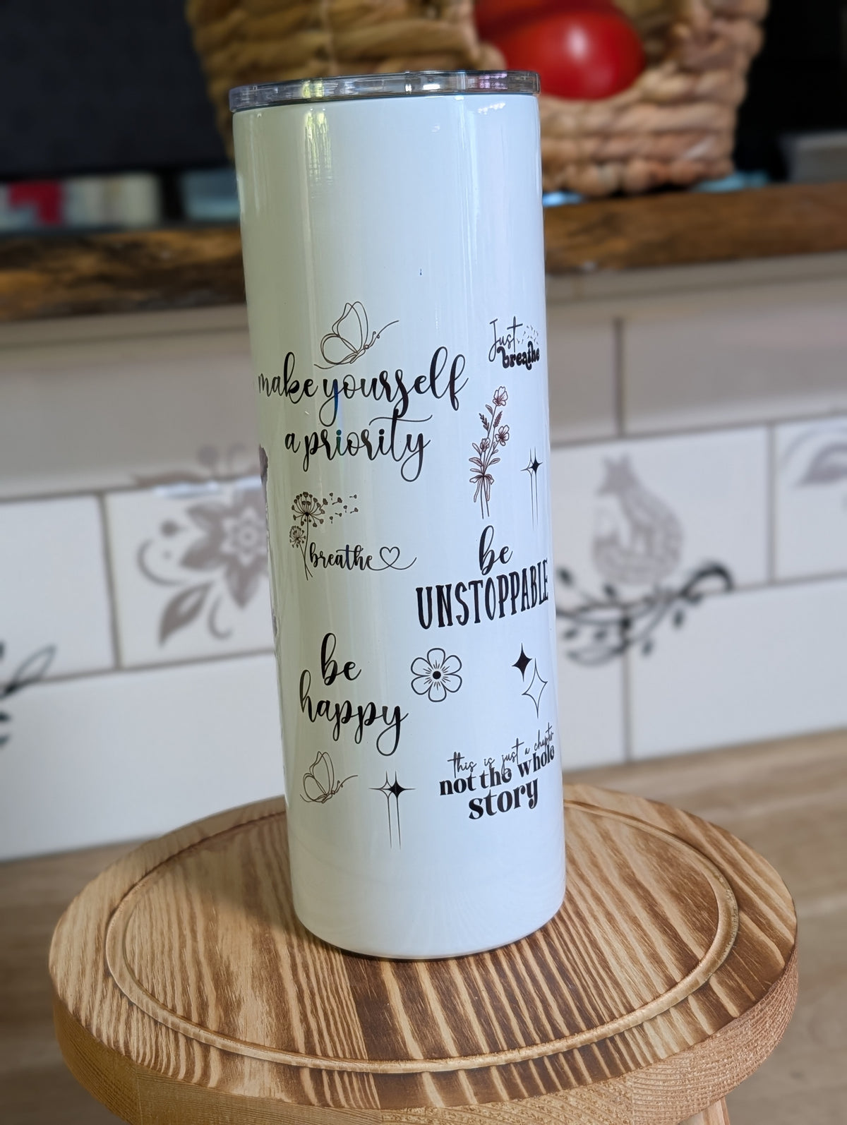 Just Breathe Butterfly Tumbler – 20oz Inspirational Mindfulness Cup (Hydrangea Watercolor + Affirmations)