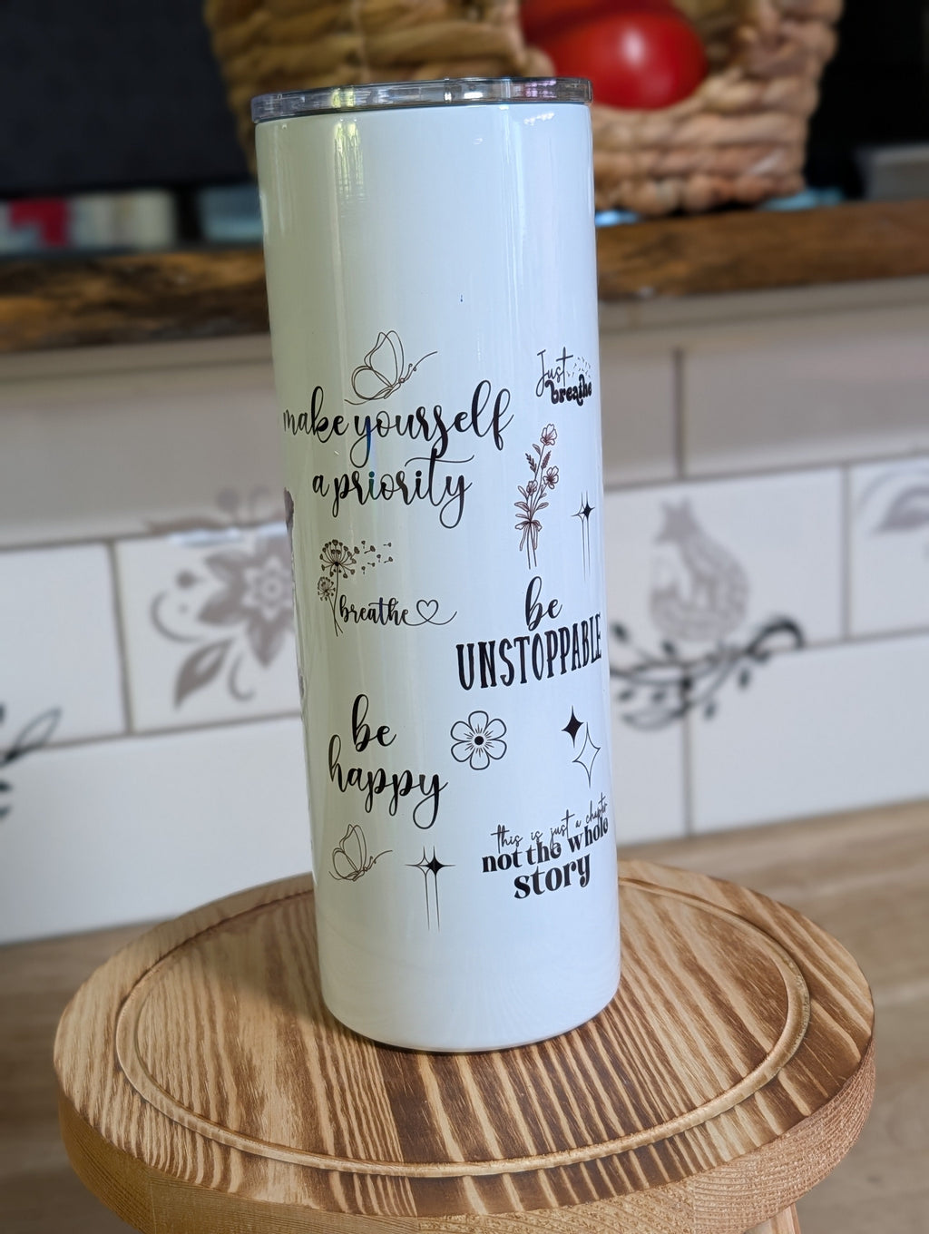 Just Breathe butterfly tumbler reverse side showing inspirational quotes including Be Unstoppable and Be Happy