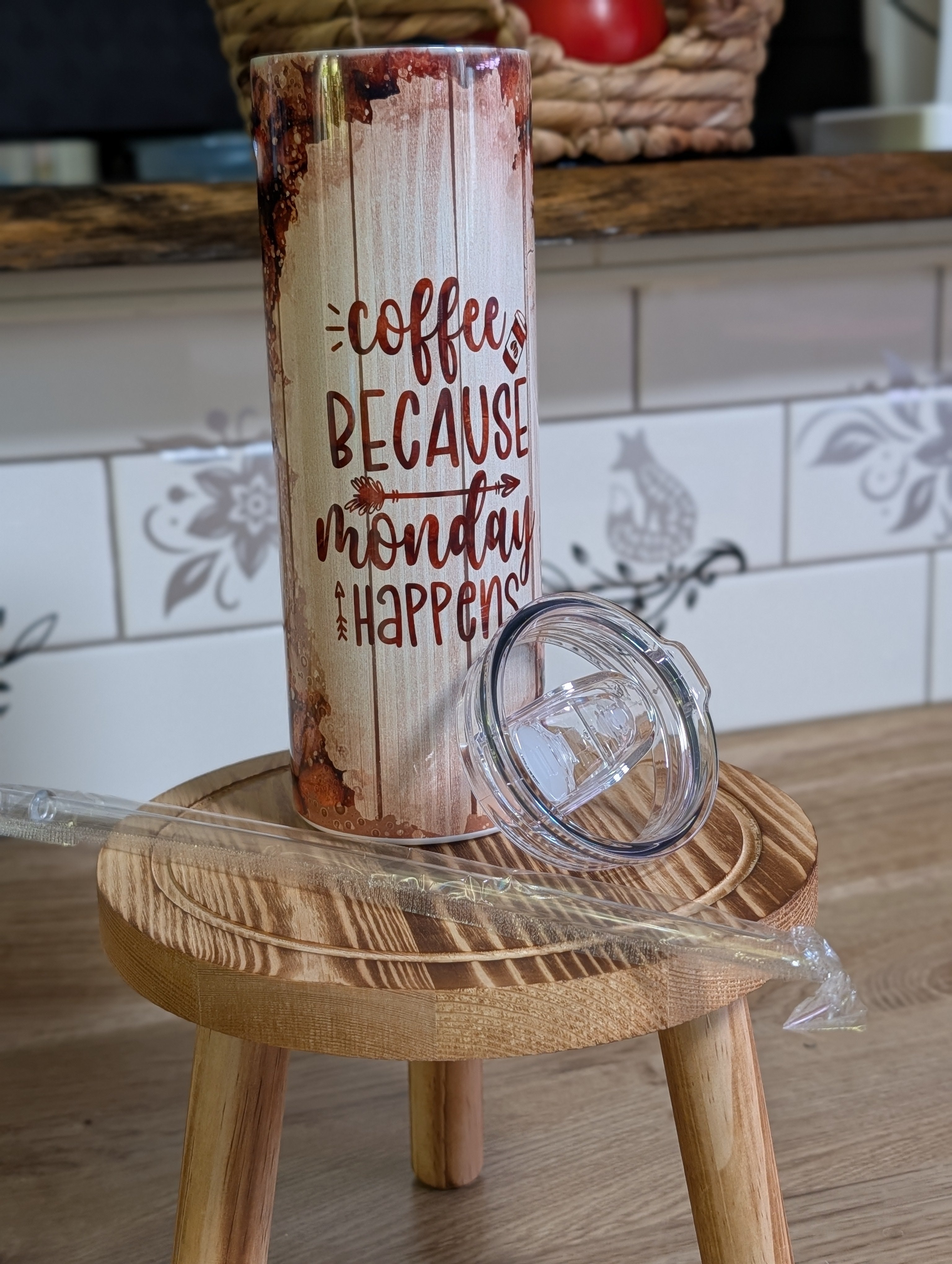 Coffee Because Monday Happens tumbler back view with floral sublimation pattern