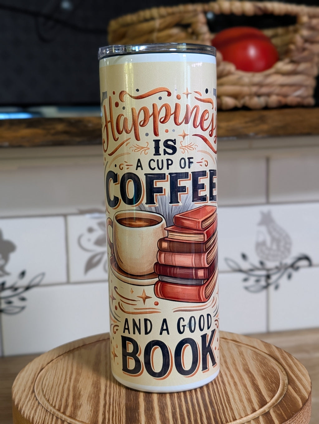 Happiness Is a Cup of Coffee and a Good Book tumbler front view with lid on