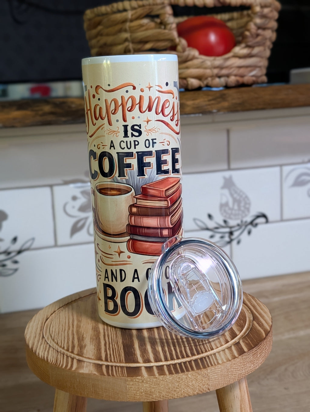 Happiness Is a Cup of Coffee and a Good Book tumbler side view with lid off