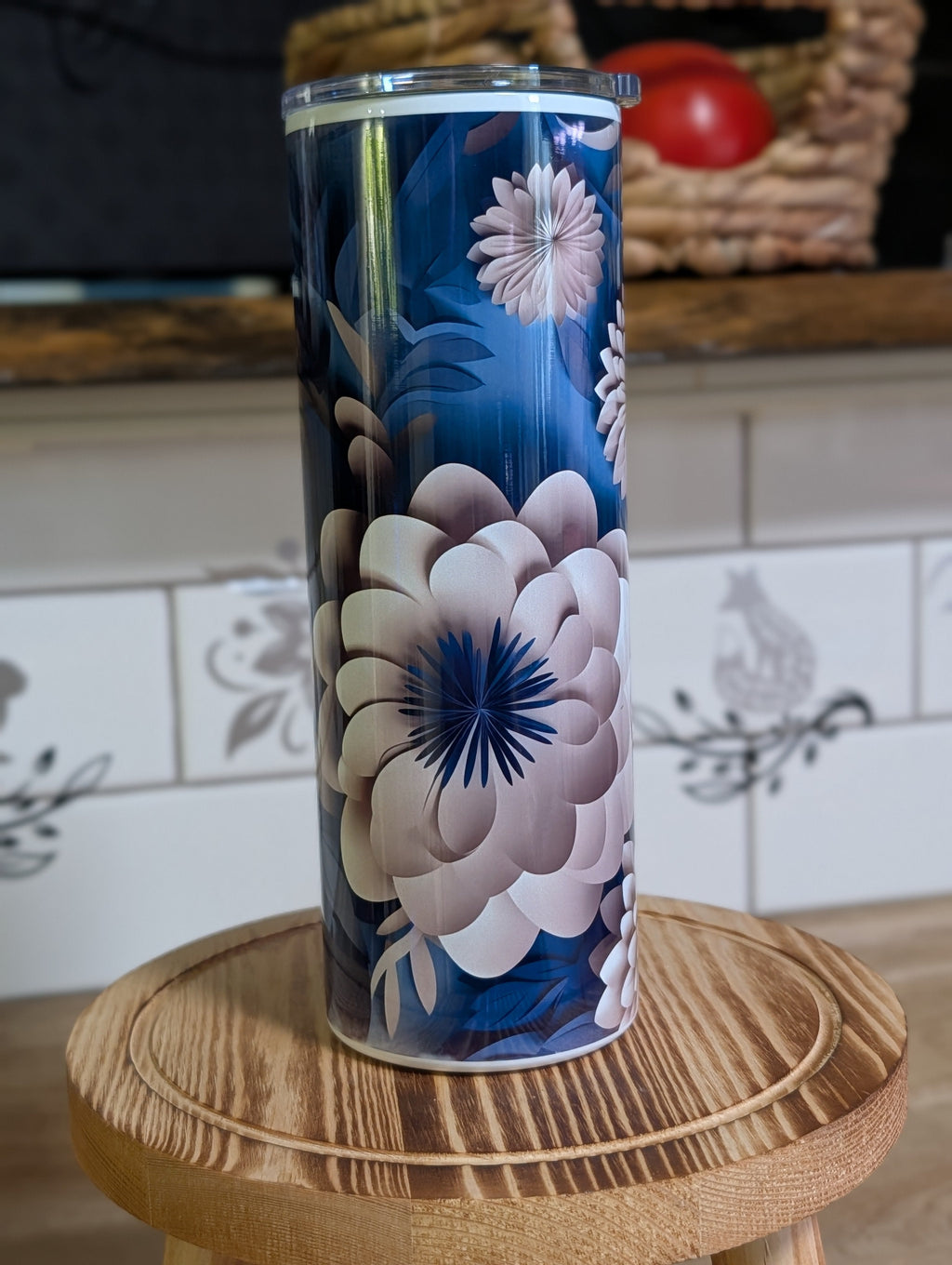 3D navy blue floral peony tumbler front view with lid on showing full peony design