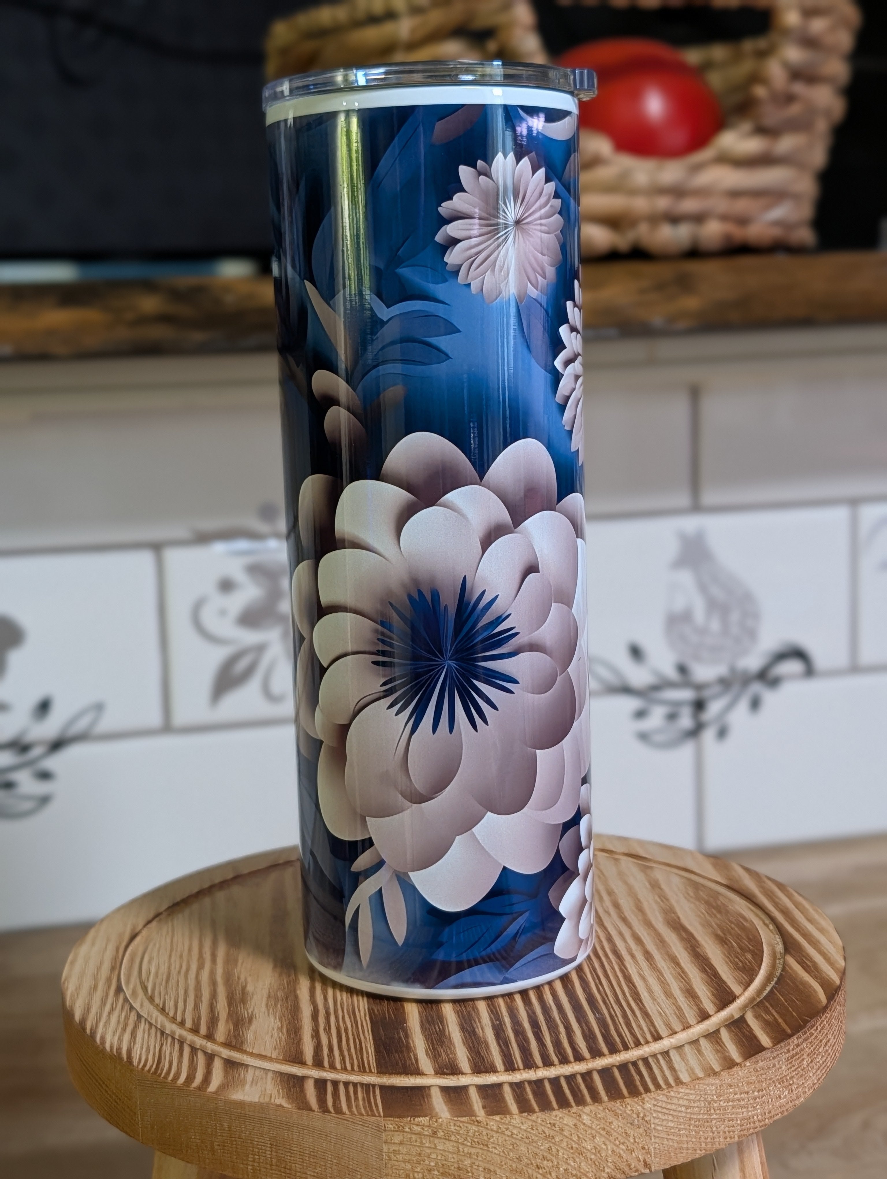 3D navy blue floral peony tumbler front view with lid on showing full peony design