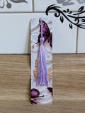 Purple butterfly bookmark - white embossed floral background with deep purple butterfly and lavender tassel