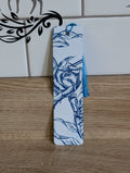 Blue rose etching bookmark front - white background with navy hand-drawn rose illustration and blue tassel