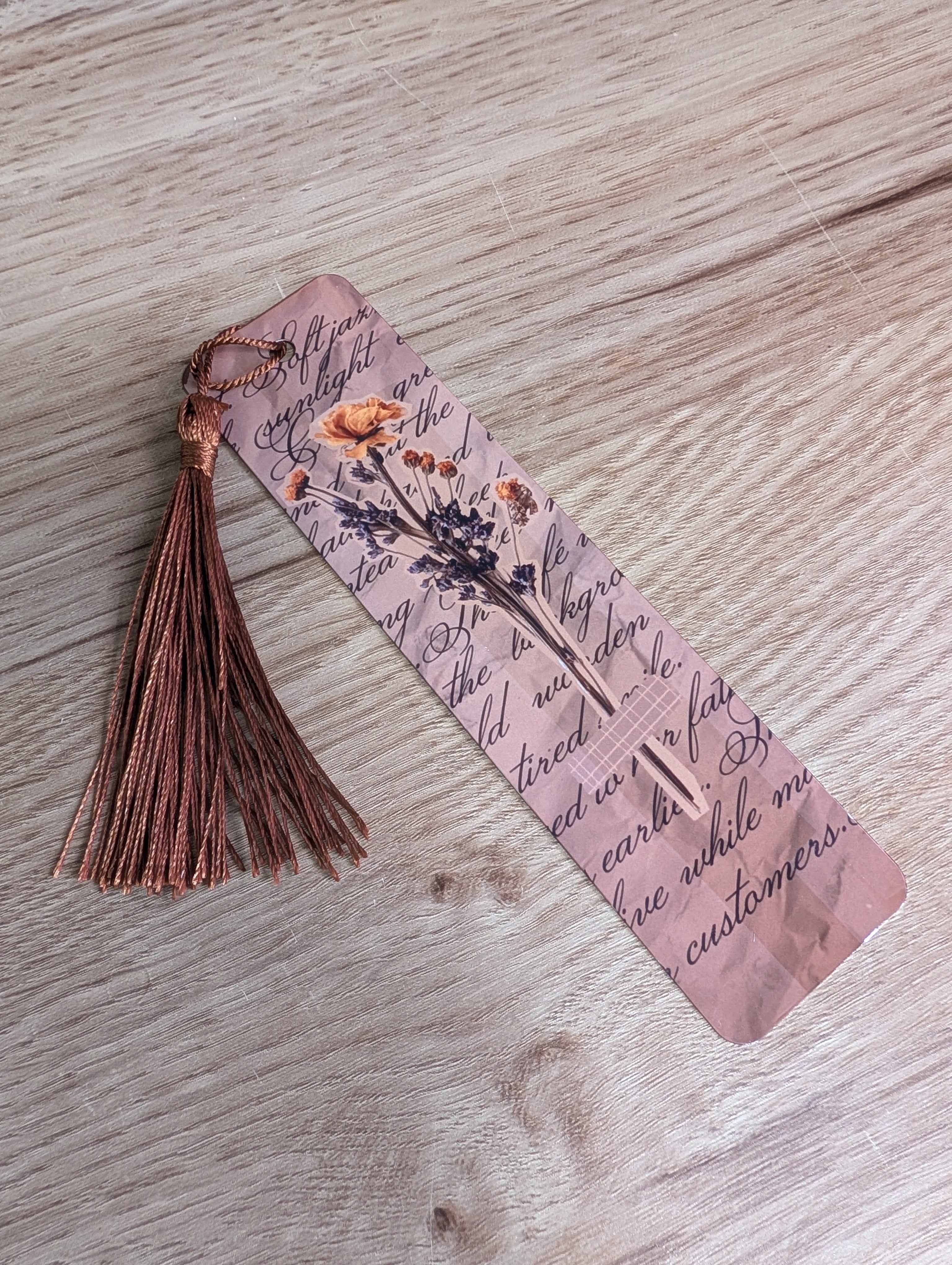 Scrapbook botanical bookmark front side with blush pink background and bouquet