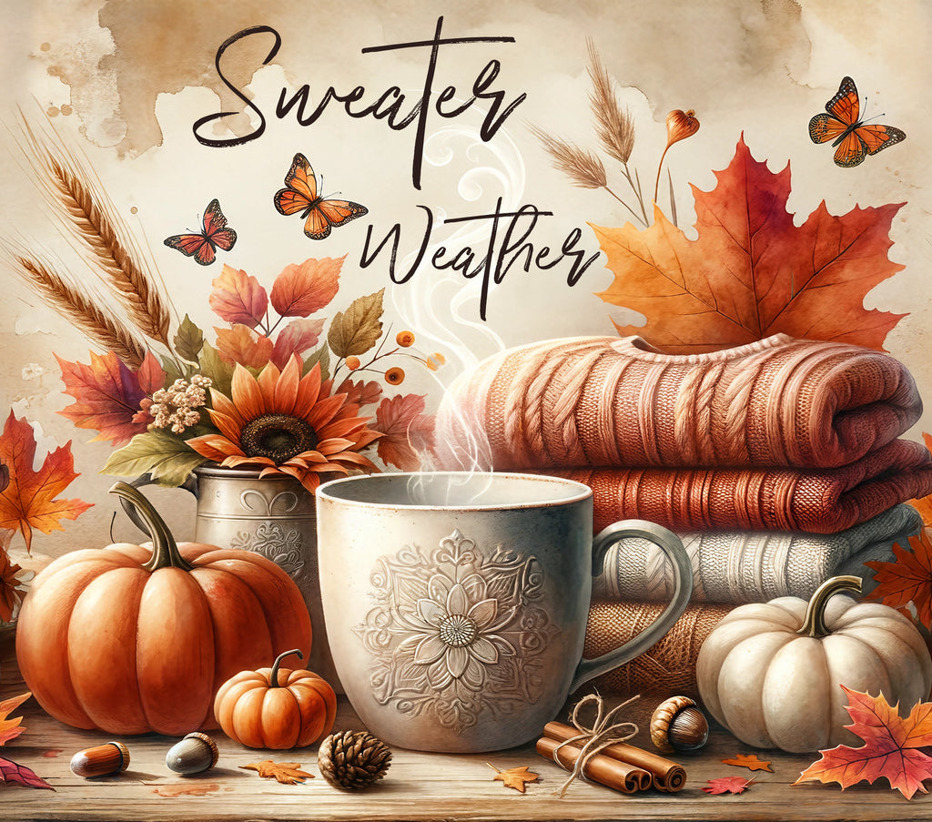 Sweater Weather 20oz Skinny Tumbler - watercolor pumpkin knit sweater butterfly design