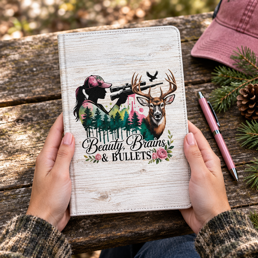 Beauty, Brains and Bullets notebook held outdoors