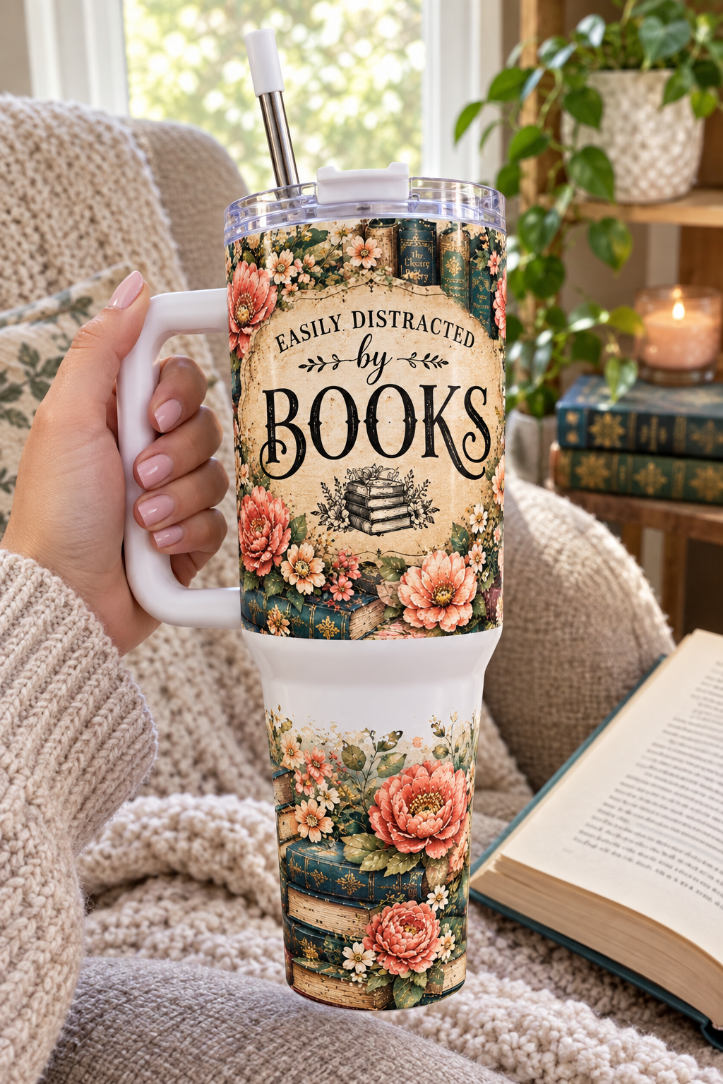 Book-themed tumbler in-use image