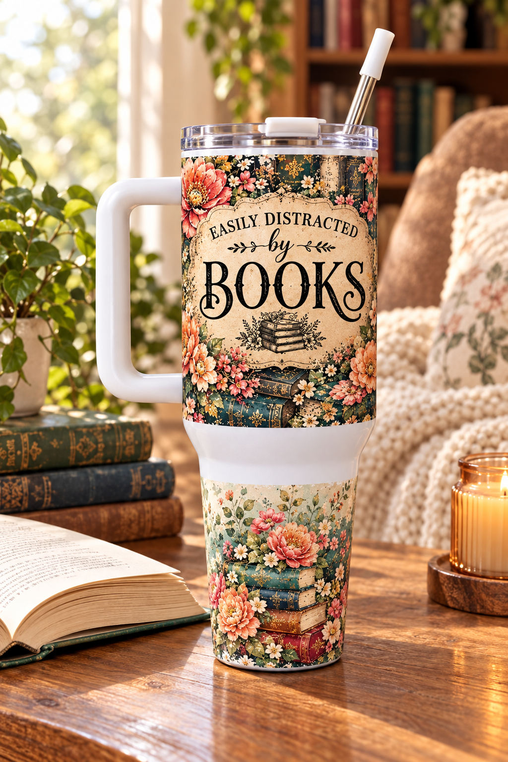 Book-themed tumbler reading-nook lifestyle image