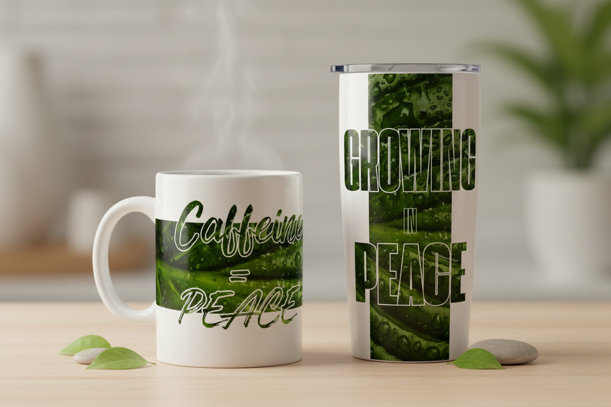 Caffeine = Peace mug + Growing in Peace tumbler