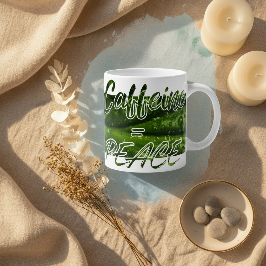 Caffeine Peace Mug with Lifestyle Backdrop