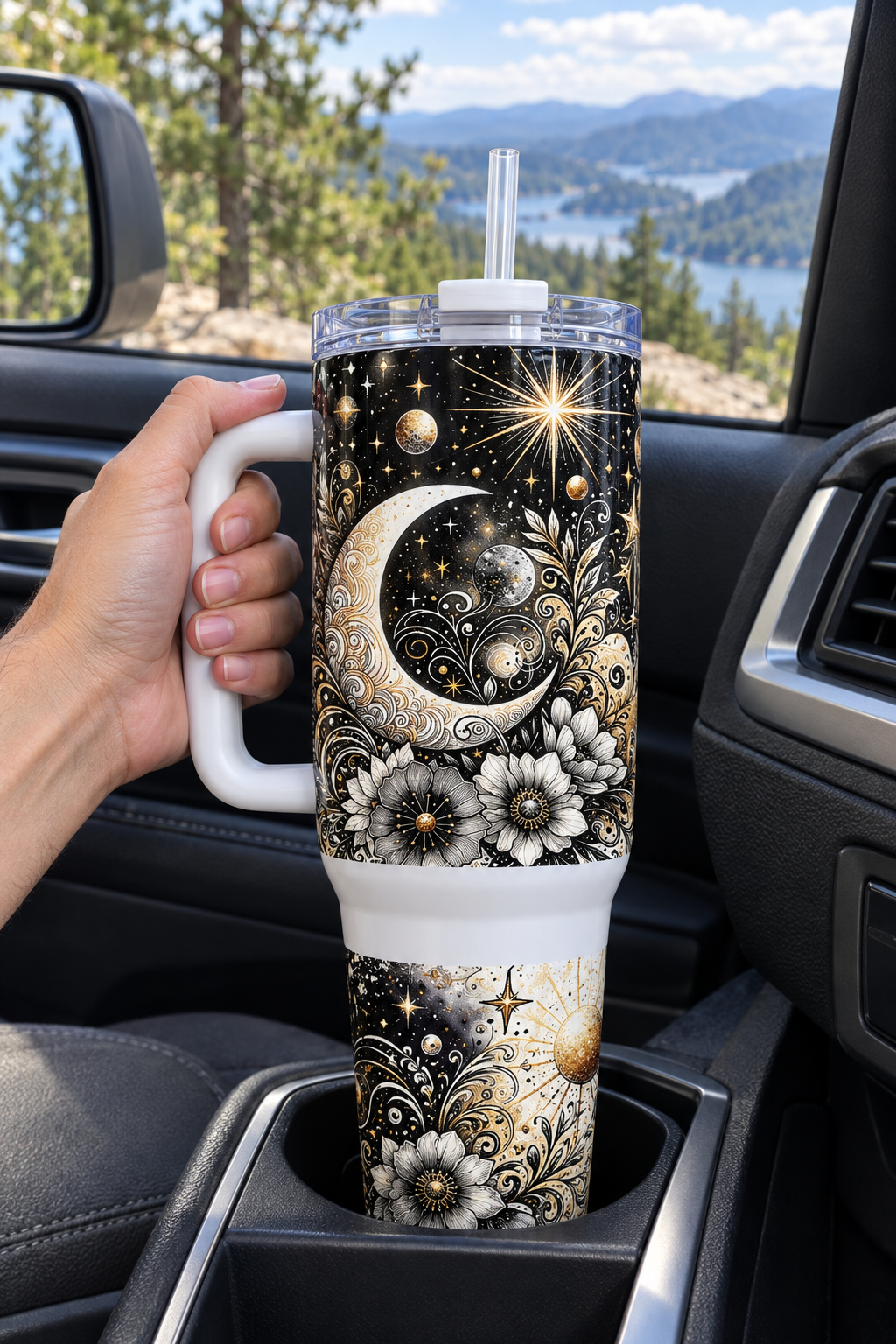 Corrected celestial tumbler in-car lifestyle image