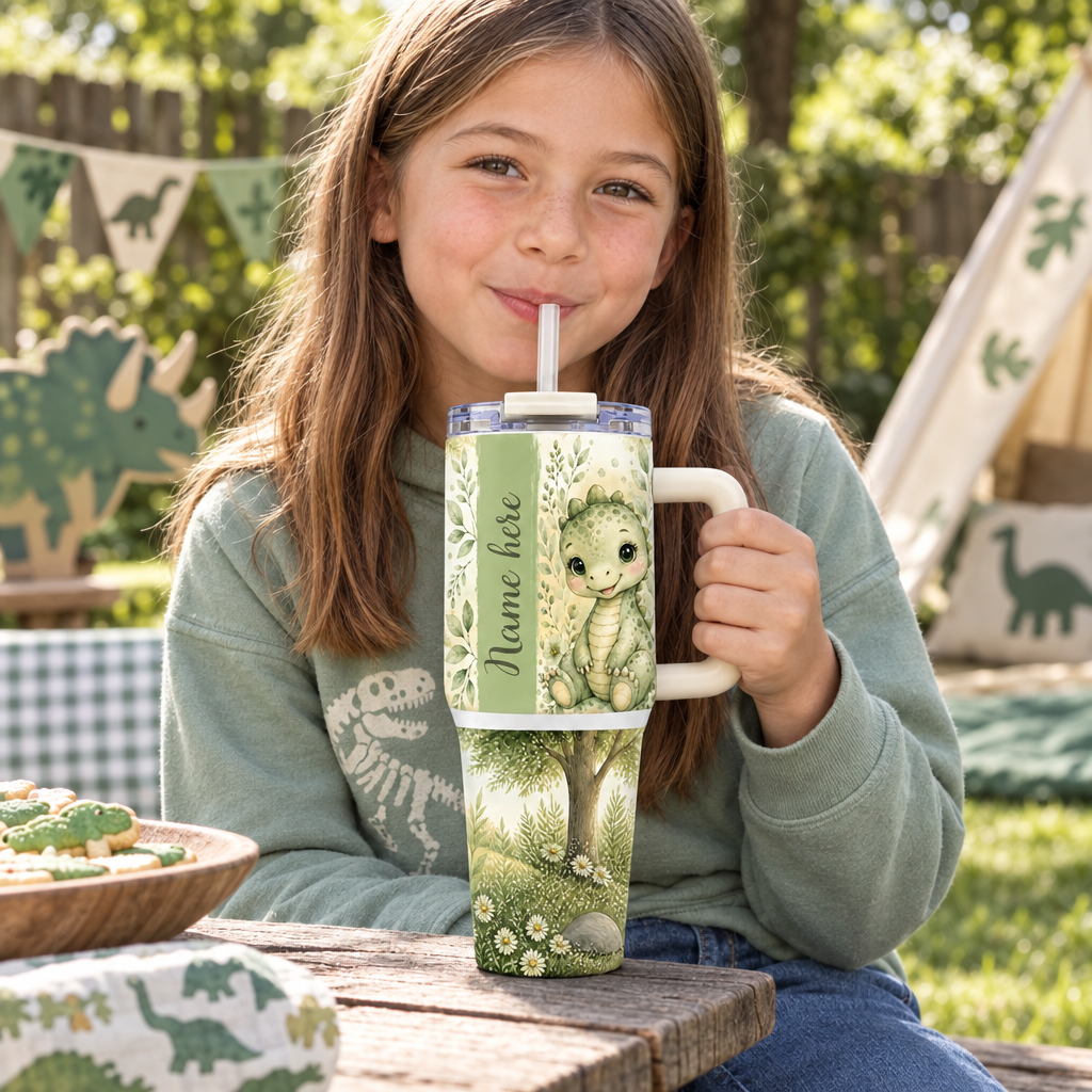 Dino tumbler at a backyard picnic