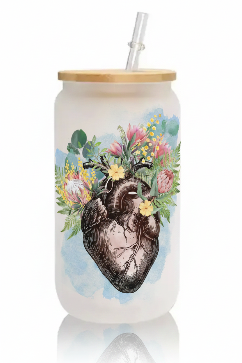 Frosted Glass Can Mockup – Floral Heart