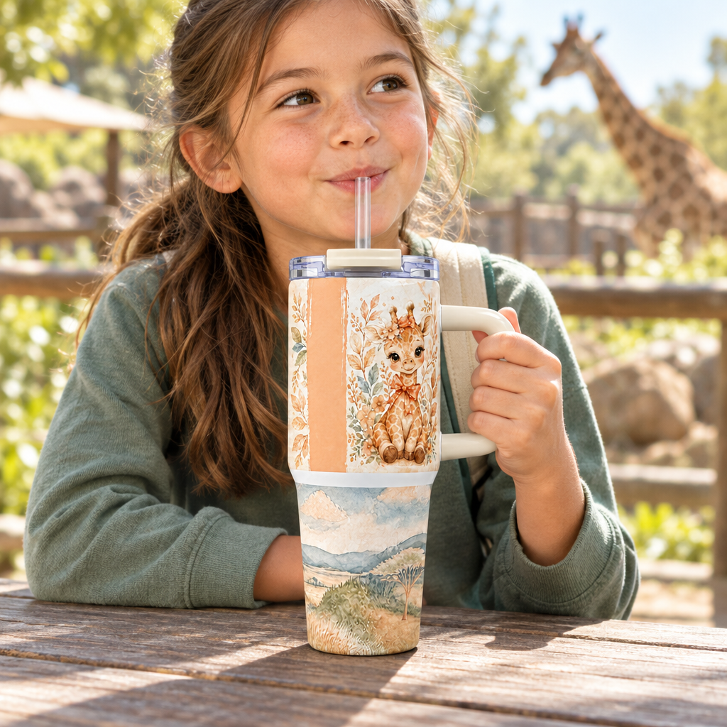 Giraffe tumbler at a zoo picnic