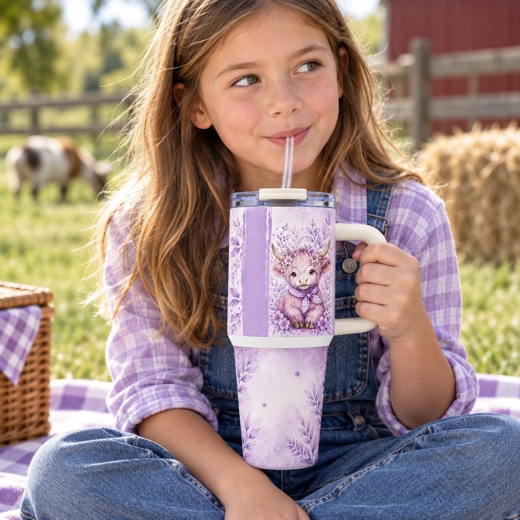 Highland cow tumbler on a farm outing