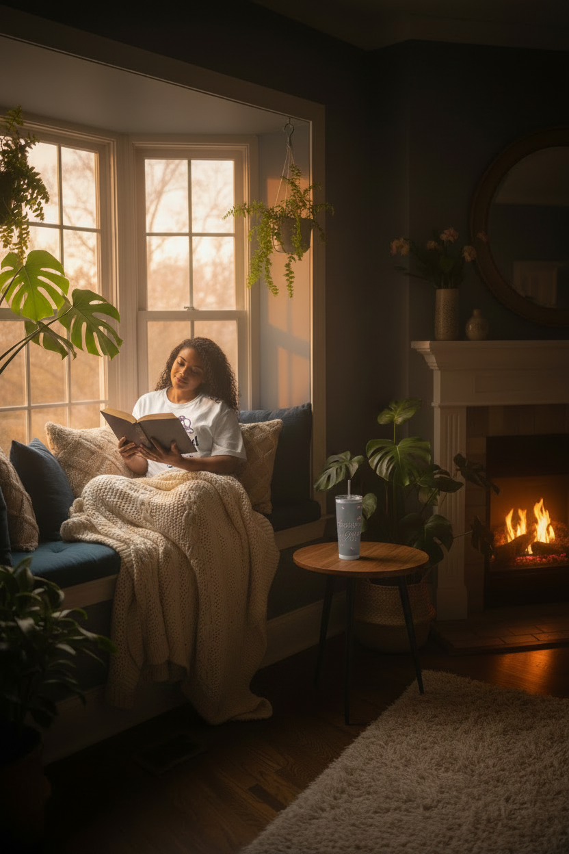 I Need to Rest Cozy Bay Window with Book and Tumbler