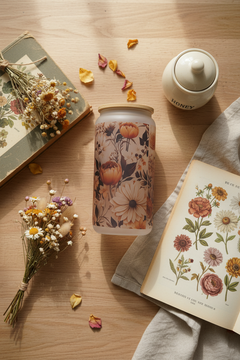 Vintage Botanical Frosted Glass Can cottagecore flat lay with dried wildflowers, open botanical book, ceramic honey pot and linen napkin on oak wood