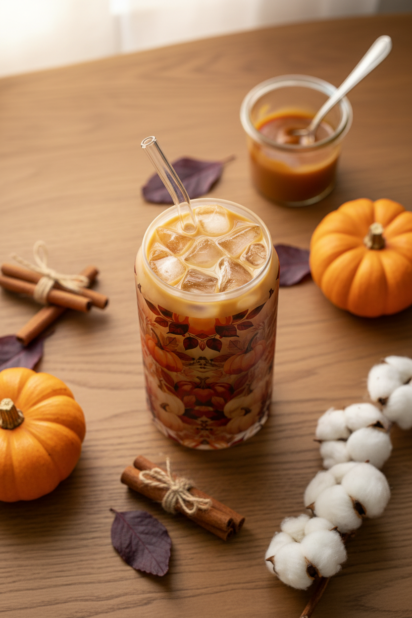 Fall Pumpkin Harvest Glass Can flat lay filled with creamy iced coffee surrounded by mini pumpkins, burgundy leaves, cinnamon sticks and caramel jar