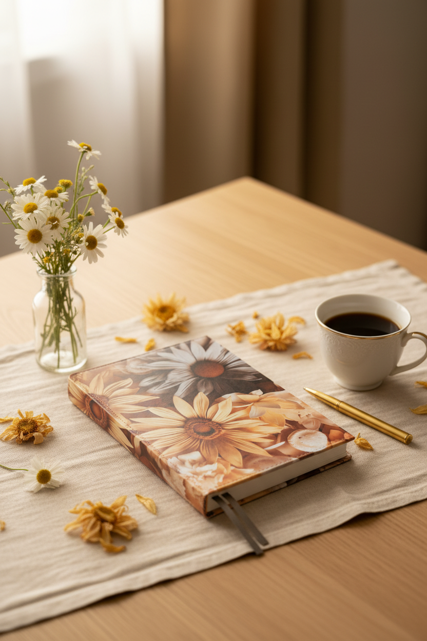 3D floral daisy journal cozy flat lay with fresh white daisies, amber wildflowers, gold pen and coffee mug on linen