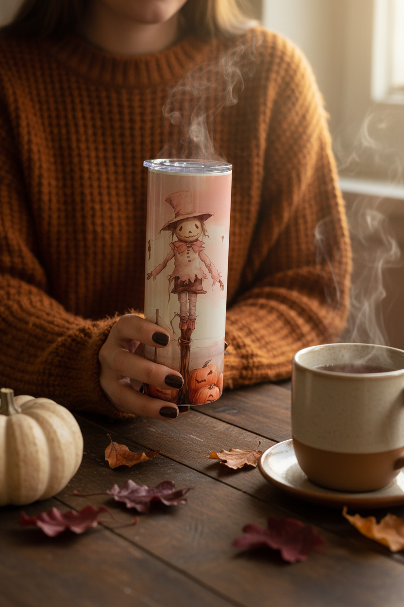 Woman in rust orange knit sweater holding Halloween Scarecrow Watercolor Tumbler at wooden table with pumpkin and autumn leaves