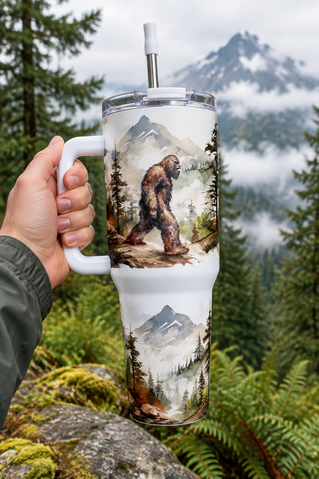 PNW Bigfoot 40oz tumbler held at misty forest overlook