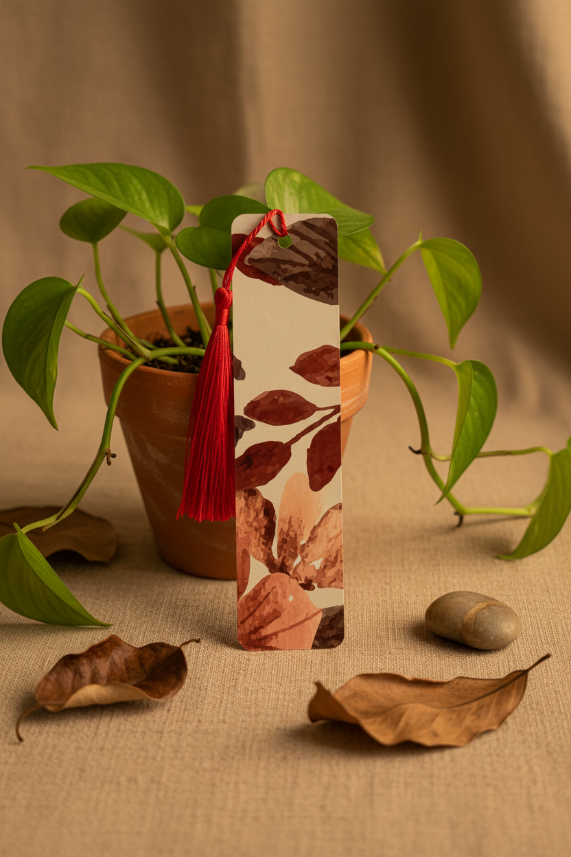 Terracotta Botanical Bookmark with red tassel displayed upright leaning against terracotta clay pot with trailing pothos plant on linen surface with dried leaves and river stone