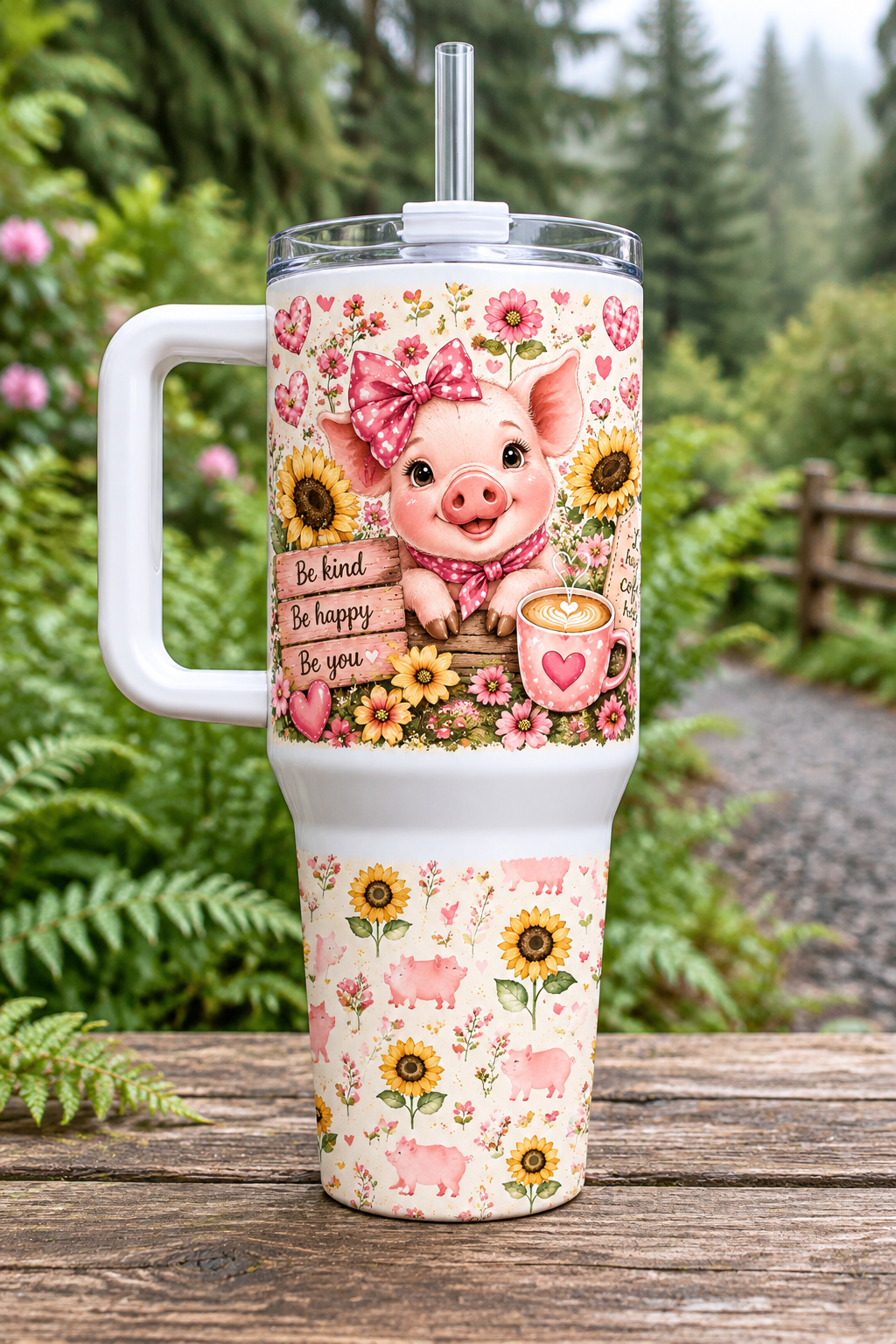 Pink pig and sunflower 40oz tumbler on an outdoor PNW table