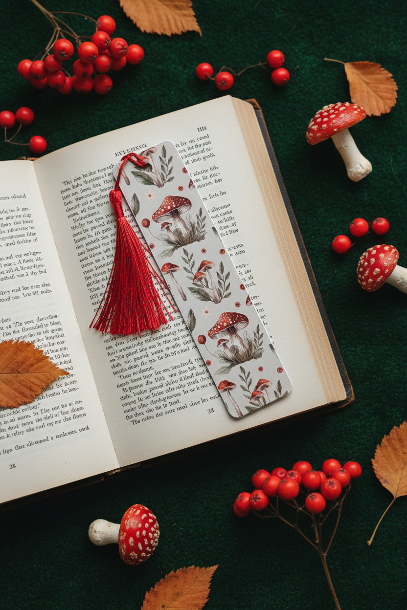 Mushroom Bookmark with red tassel tucked into open hardcover book on mossy green surface with real small mushrooms dried leaves and red berries