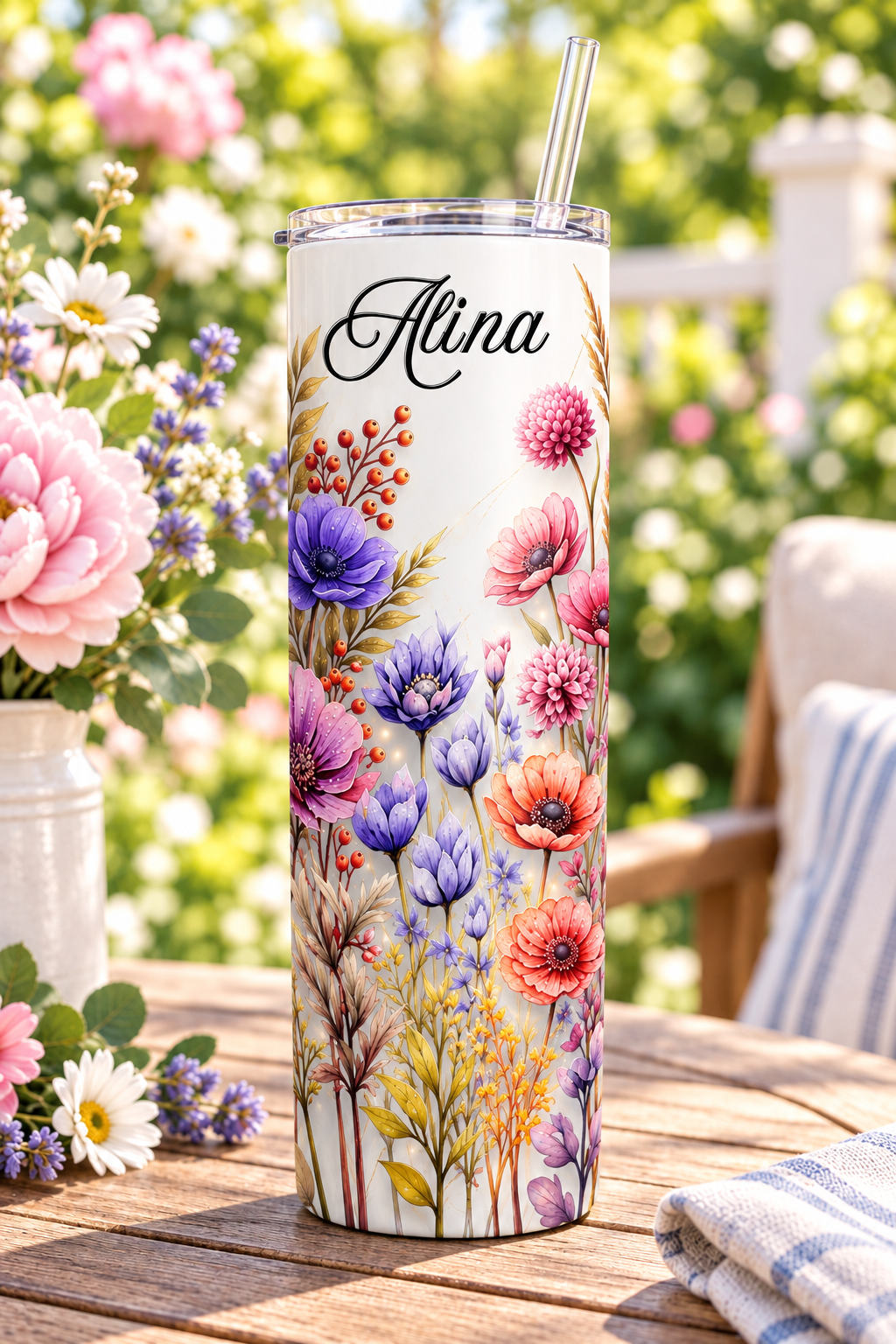 Wildflower Sunset tumbler with sample name Alina in garden setting