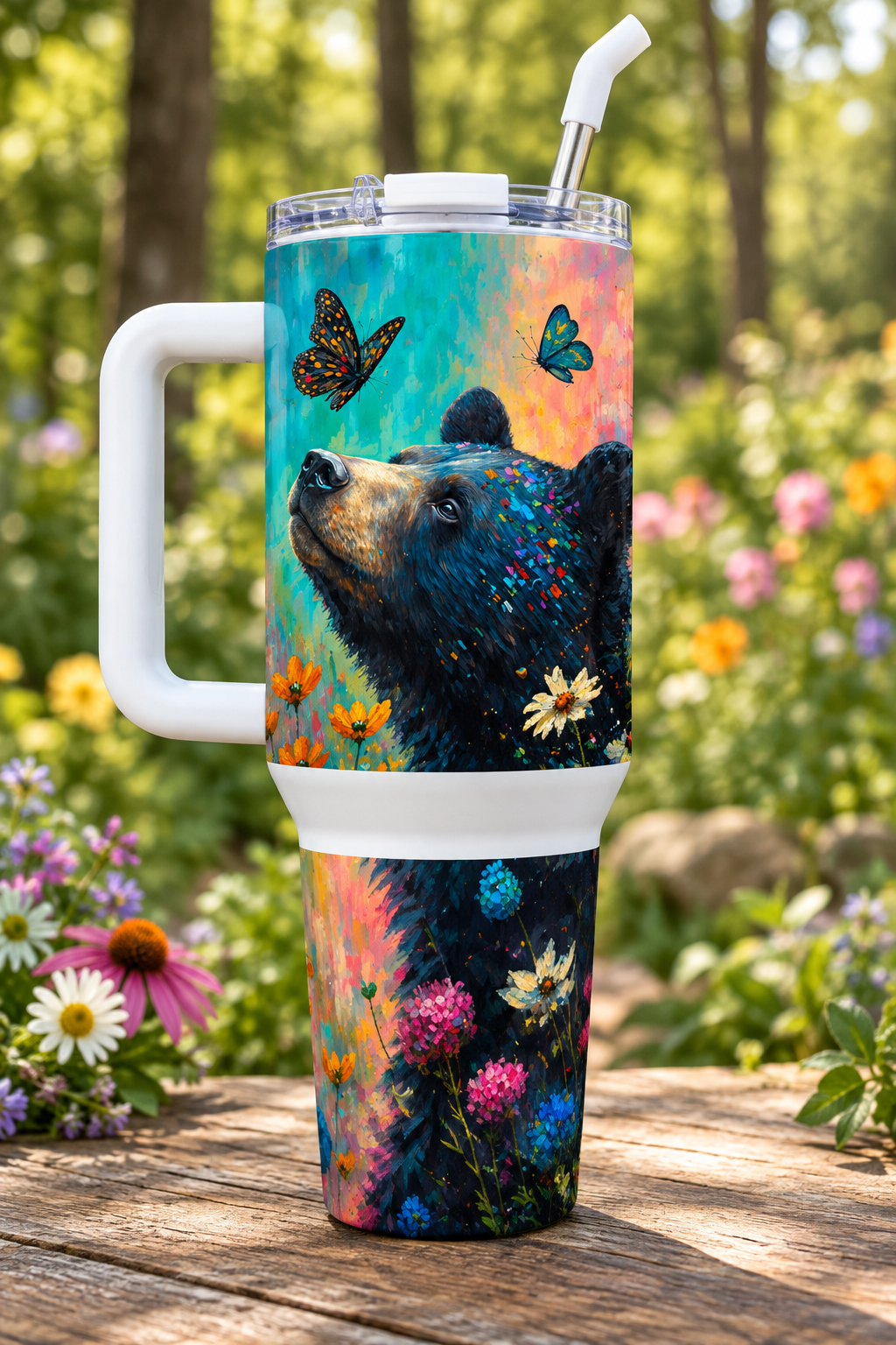 Butterfly Bear 40oz tumbler on garden table