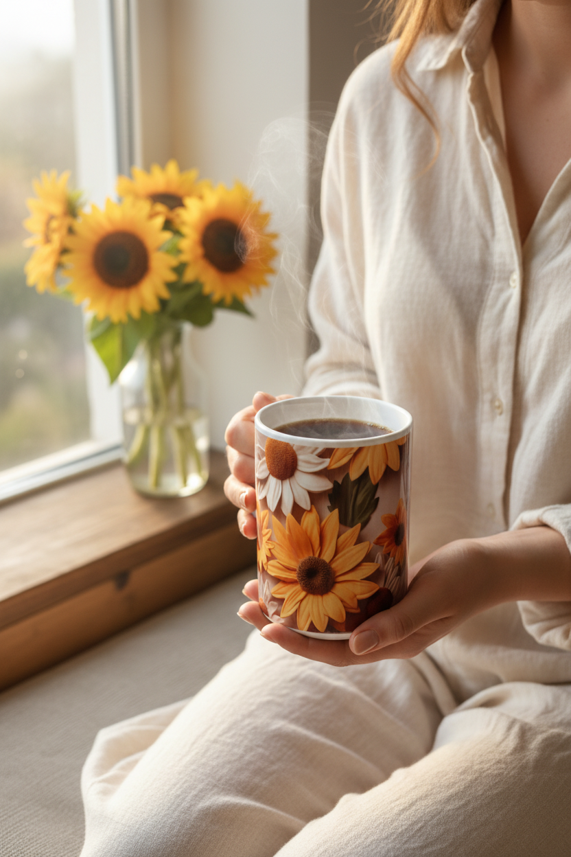 Woman in cream linen blouse cradling 3D Sunflower Daisy Floral Coffee Mug with steaming coffee at bright window with sunflowers in vase nearby