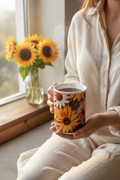 Woman in cream linen blouse cradling 3D Sunflower Daisy Floral Coffee Mug with steaming coffee at bright window with sunflowers in vase nearby